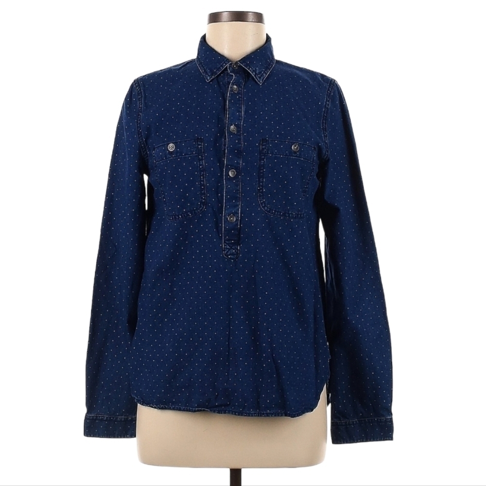Madewell Pin Dot Denim Long Sleeve Shirt Size Medium‎